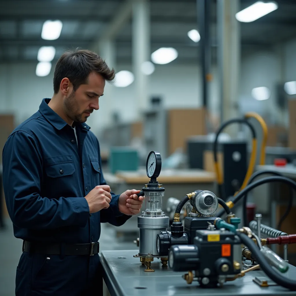 Tecnico controlla filtro e regolatore dell'aria compressa per utensili pneumatici in reparto assemblaggio